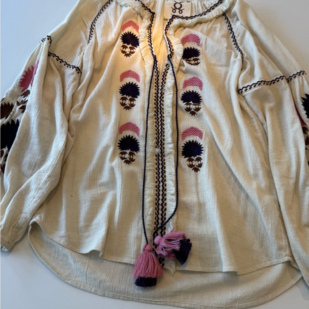 Boho Cream Blouse with Pink Embroidery